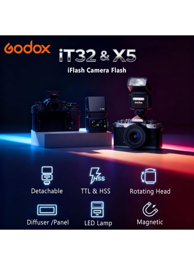 Godox IT32 TTL Camera Flash with X5C Flash Trigger for Canon Cameras,Magnetic Hotshoe&Trigger 2-in-1,Colorful Touch Screen,Rotatable Flash Head,X System TTL&HSS,LED Modeling Light,Creative Accessories - Image 2